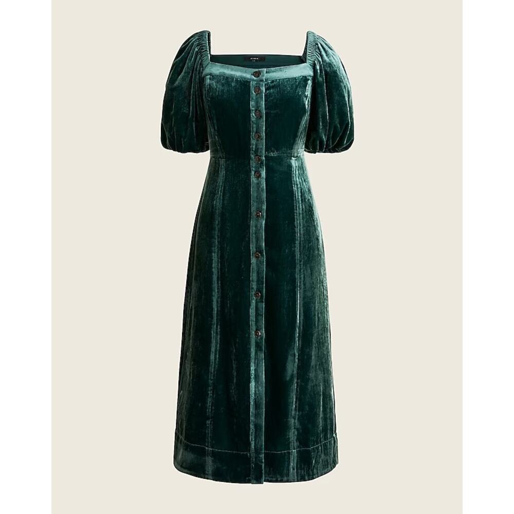 J Crew Puff Sleeve Green Velvet Dress NWT